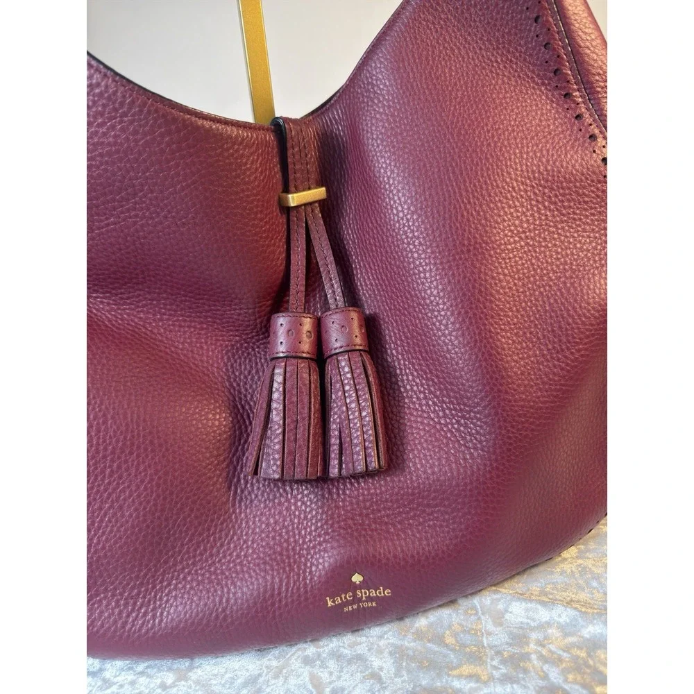Kate Spade Leather Hobo Shoulder Bag Burgundy Pebbled Tassel Large Purse